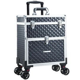 Adazzo Professional Rolling Makeup Case with Drawer for Makeup Artists Cosmetic Train Case Large Storage Case for Nail Technicians Cosmetology Case with Detachable Bag for Hairstylist Black