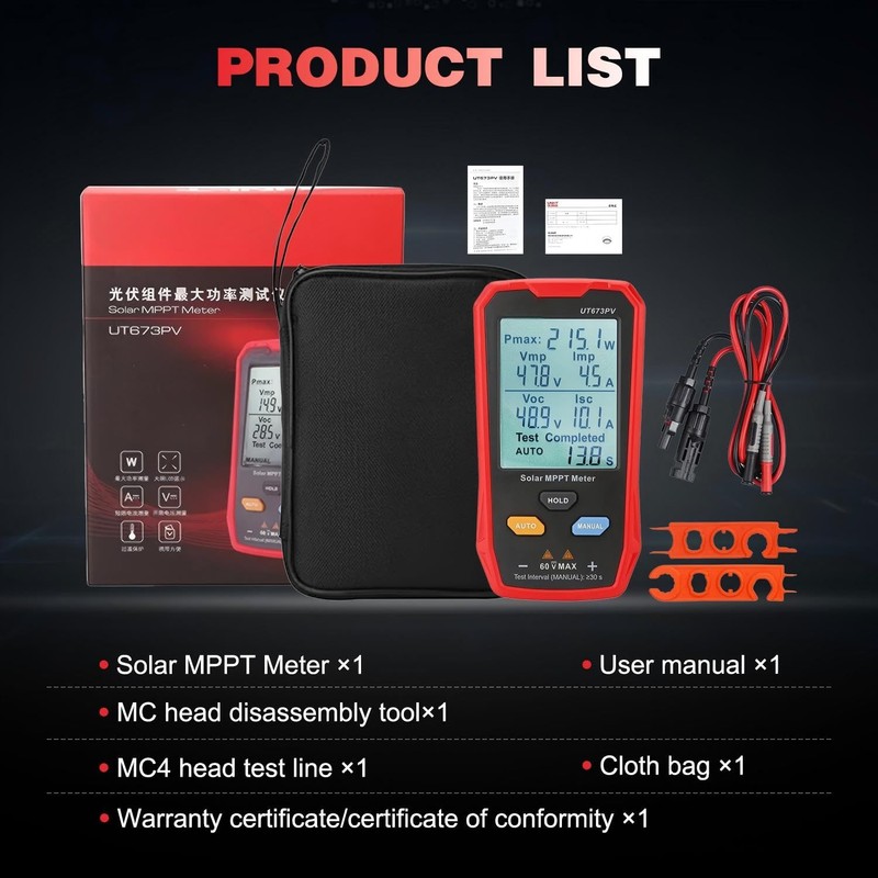 Angchun Solar Panel Tester Meter Photovoltaic Multimeter 800W, Solar MPPT