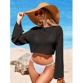 BreathSunny Womens Crochet Knit Swimsuit Coverup Cropped Spring Top Summer 2025 Off The Shoulder Long Bell Sleeve Hollow Out Mesh Swimwear Coverups Beach Swim Bathing Suit Cover Up Tops Black M