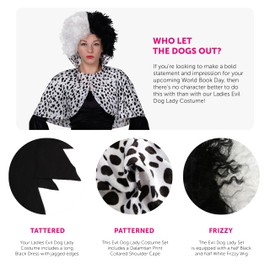 Evil Dog Lady Fancy Dress Costume - Large - Long Black Dress + Half Black Half White Wig + Dog Lady Cape - Perfect for World Book Day