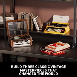 NecyBrik 3-in-1 Retro Building Blocks Set, 726 Pcs Vintage Typewriter, Record Player & Game Console Model Kit, Collectible Premium Nostalgia Gift for Adults.