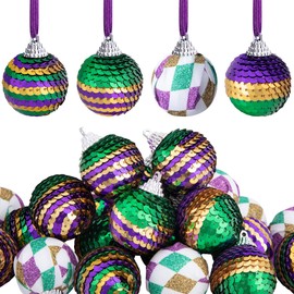 Deloky 24 PCS Mardi Gras Sequin Ball Ornaments-1.5 Inch Mardi Gras Shatterproof Hanging Ball-Purple Green Gold Tree Ornaments for Mardi Gras Holiday New Orleans Masquerade Party Decorations