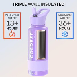 Coldest Sports Water Bottle with Straw Lid Vacuum Insulated Stainless Steel Metal Thermos Bottles Reusable Leak Proof Flask for Sports Gym(32 oz, Saturns Moon Purple Glitter)