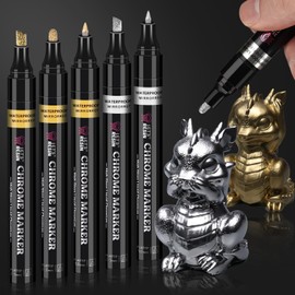 LET'S RESIN 6Pcs Mirror Chrome Markers,3 Sizes Shiny Chrome Paint Pen with Large Barrel, Quick Dry Oil-based Silver & Gold Markers for Metal, Resin, Model Painting, Marking or DIY Art（1-5mm