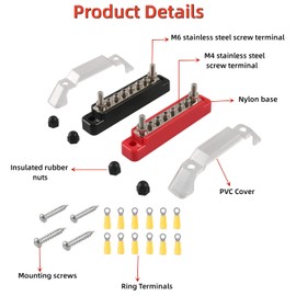 6 Bus Bar Terminals, 2 Pack 150A Distributor Block, DC 12-48V Distribution Block Power Supply 2 x M6, Distribution Block with Grounding for 6 x M4 Terminals for Marine Car RV Boat