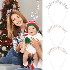 Apone Fatu Happy New Year Headband Tiara New Year Eve Women's Sparkly Rhinestone New Year Tiara Headband Merry Christmas Party Hair Accessory (Silver)