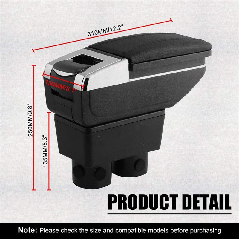 RULLINE Car Armrest Console Storage Box Rotatable Black Leather Center