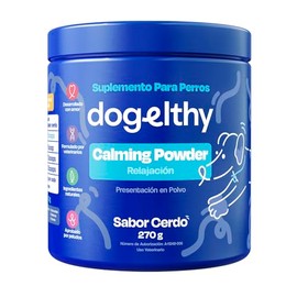 Dogelthy Calming Powder. Suplemento Relajante para Perros Natural Formulado con Passiflora, Valeriana, L-Teanina, Jengibre y más. Complemento para Croquetas o Dieta Barf Sabor Cerdo 270g