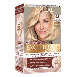 L'Oreal Paris Excellence Age Perfect Nudes Permanent Hair Colour for Mature Hair, No Ammonia Triple Care Routine with Micro-Keratin, 100% Grey Coverage, 9.31 Natural Light Golden Blonde