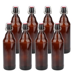 COMUDOT Glass Bottles, Refillable Brown Glass Storage Bottle with Swing Top Lids, Amber Iron Clasp Bottles with Stickers&Pen for Home Brewing, Drinks, Sauces, Industrial products, etc (1000ML, 8 PCS)