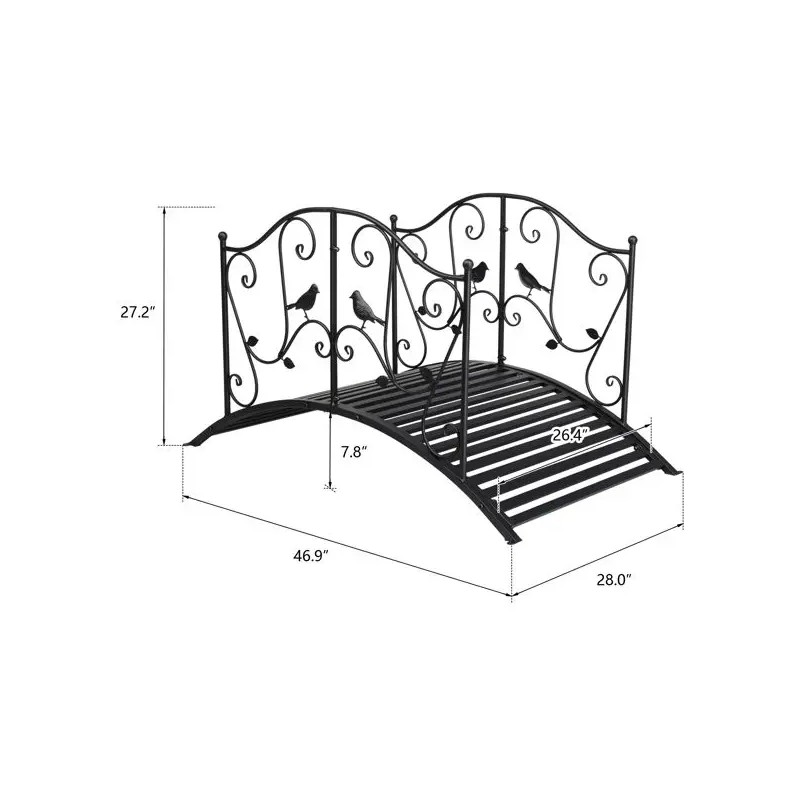 119*67*71cm Black Iron Courtyard Bridge with Bird Pattern Arched Handrail
