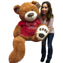 Big Plush 5 Foot Giant Brown Teddy Bear Wears Red Tshirt that says Merry Christmas