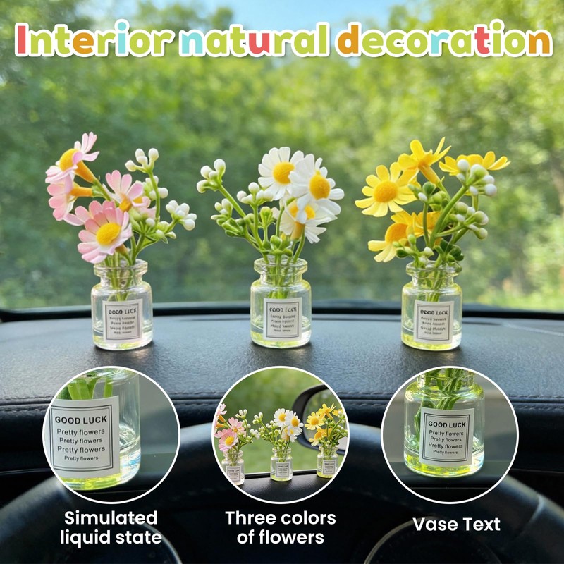 houlishu 3-Pack Daisy Flower Car Decor, Cute Dashboard Mini Vase
