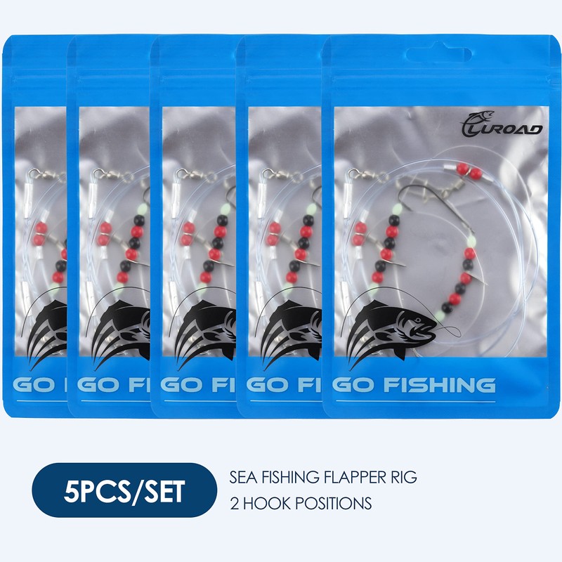 Luroad 5Pcs Sea Fishing Flapper Rigs 2 Hooks, Pre Tie