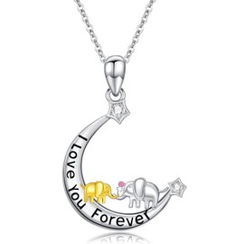 ZPMMPZ Elephant Necklace 925 Sterling Silver Crescent Moon Pendant Elephant Mother Child Pendant Necklaces Jewelry Gifts for Women