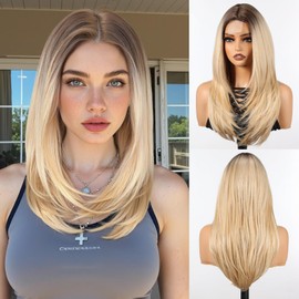 purshine Blonde Wig for Women, Long Straight Layered Style with Dark Roots, Natural-Looking Heat Resistant Synthetic Wig for Daily Use