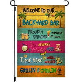 Snycler Welcome To Our Backyard Garden Flag, Swimming Pool Decor Classic Garden Signs Gift For Summer Vibes, Friends Party Decorative Signs For Yard (Backyard Bar) 12 x 18 Inch