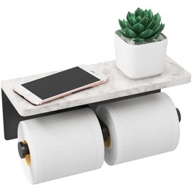 Gypie Toilet Paper Holder with Shelf, New Upgrade Double Toilet Paper Holder with Storage, Marble Roll Toilet Paper Wall Mount for Bathroom Washroom(Black)