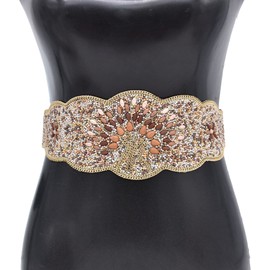 idealway Bohemian Women Belts Wide Stretch Elastic Waist Cinch Belt Handmade Beaded Flower Adjustable Belt for Dresses (H)