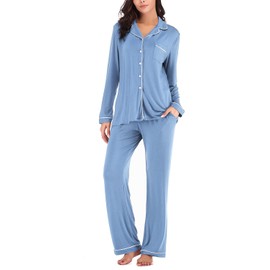Aamikast Women Button Up Pajama Sets Long Sleeve Sleepwear Pj Sets (Sky Blue S)