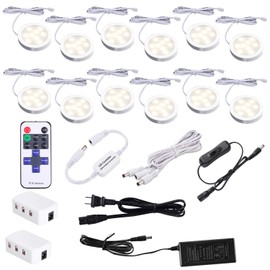 AIBOO Under Cabinet Lighting Kit, Plug in LED Puck Lights with Wireless Dimmable RF Remote Control,12v Stick on Lights for Kitchen Counter, Closet and Shelves(12 kit,Warm White)