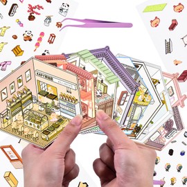 8Pcs 3D Fun Mini House Stickers with Tweezers Make Your Own Mini Bakery Bookstore Cruise Party Hanfu Shop Scenes Stickers Cute Mini Room Craft Scrapbook Stickers for Relief Stress Pass The Time