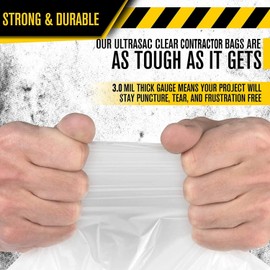 Ultrasac 45 Gallon 3.0 MIL Clear Heavy Duty Contractor Trash Bags with Handtie - 33" x 48" - Pack of 80 - for Construction, Commercial, & Industrial