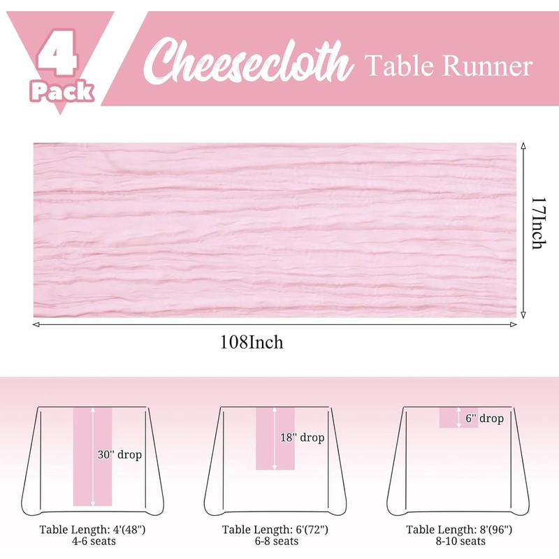 4 Pack Pink Table Runner 17 x 108inch Cheesecloth Table