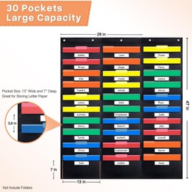 Opret 30 Pockets Storage Pocket Chart with 30 Nametag Pockets, Hanging Wall File Organizer for File Folders with 5 Hangers for Classroom, Office, School Mailbox Organizer and Home (Black)