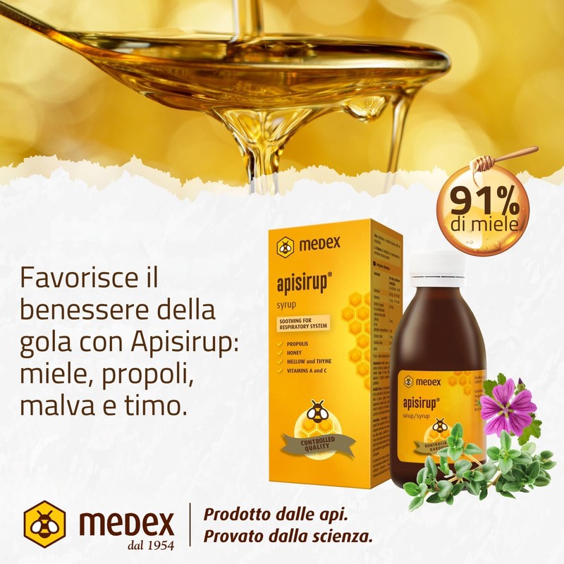 Medex Apisirup con propoli, 91% di miele, per benessere della