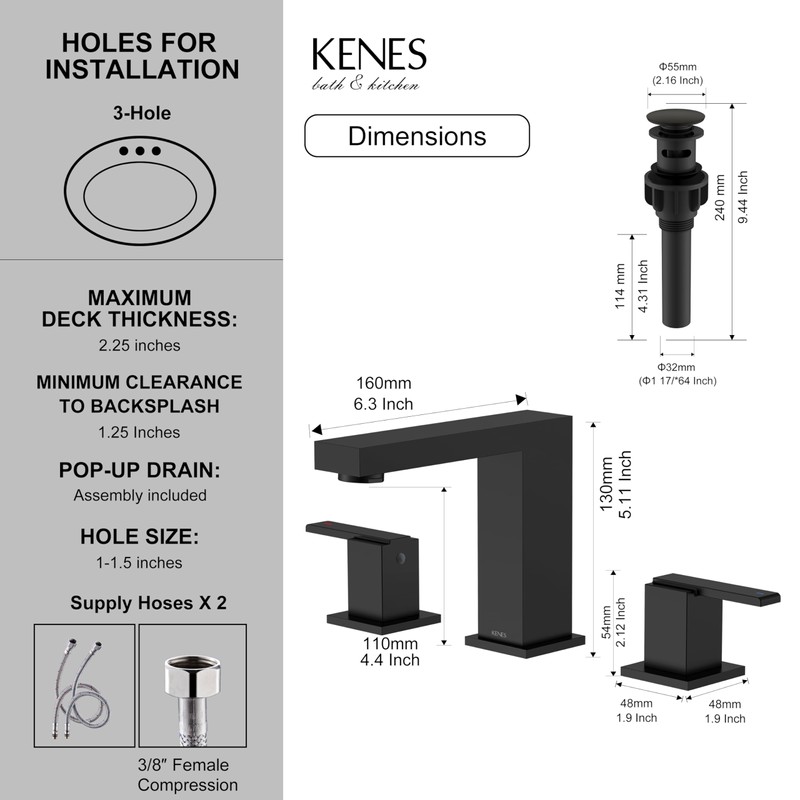 KENES Black Widespread Bathroom Faucet 3 Hole Bathroom Sink Faucet