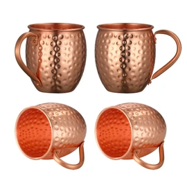 Moscow Mule Copper Mugs, Hammered Design, 100% Pure Solid Copper with Riveted Handle, Set of 4