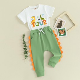 Cevoerf Toddler Baby Boy 4th Birthday Outfit Boy Fourth Dinosaur T-shirts Joggers Pant Four Years Old Birthday Outfit Boy