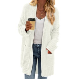 KIRUNDO Cardigan Sweaters for Women 2025 Fall Chunky Fuzzy Knit Open Front Loose Long Sleeve Sweater Coats Winter Clothing(White, Medium)