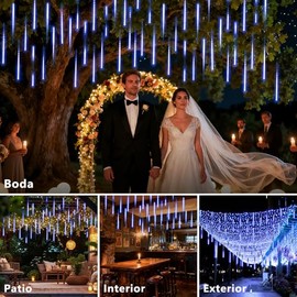 Cascada de Luces LED Navideñas para Exteriores - Azul, 6M 360 LEDs (50cm x 10 Tubos) Impermeable de Lluvia de Meteoritos, Serie de Luces Decoración para Jardín Árbol Aleros Techo Patio