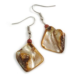Khaki Brown Shell Bead Drop Earrings In Silver Tone - 50mm Long