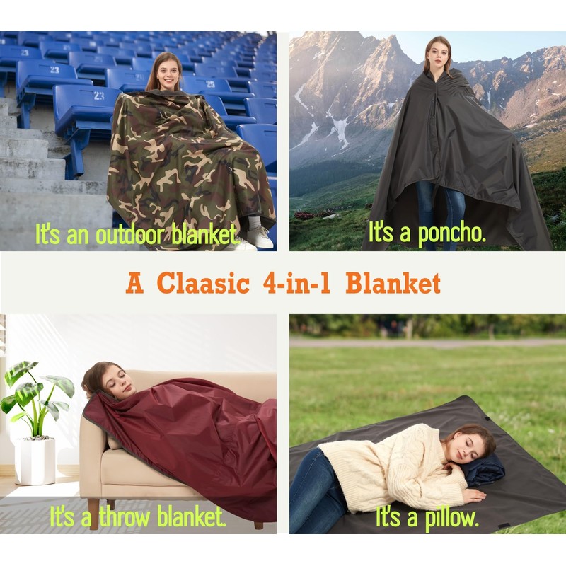 sheelokhwui 4-in-1 Large Camping Blankets - Waterproof, Windproof Fleece Outdoor