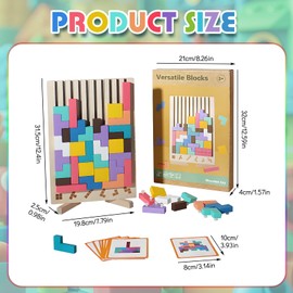 3D Puzzle Tetris Game Children with Bag, Montessori Toy, Brain Toy from 3 4 5 Years, Wooden Puzzle with 42 Pieces Intelligence Colourful Building Blocks, 10 Cards, Educational Toy Gift for Boys Girls