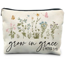 RYYCDOI Christian Floral Makeup Bag Pouch, Grow in Grace 2 Peter 3:18, Religious Christian Gifts for Women, Bible Verse Gifts, Bible Verse Cosmetic bag