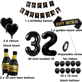 Juego de decoración de cumpleaños 32 para mujeres y hombres, globo de decoración de cumpleaños 32, suministros para fiesta de cumpleaños 32, incluye pancarta de cumpleaños, correa para el hombro y