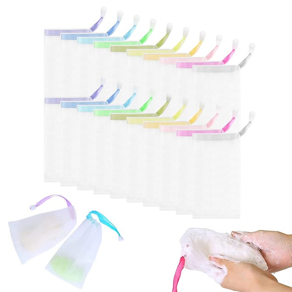 Soap Bags, Pack of 20 Nylon Soap Bags with Drawstring, Soap Mesh Bag for Bathing, Facial Cleansing Tool, Natural Soap Bags for Foaming and Drying Soap (10 Colours Random)