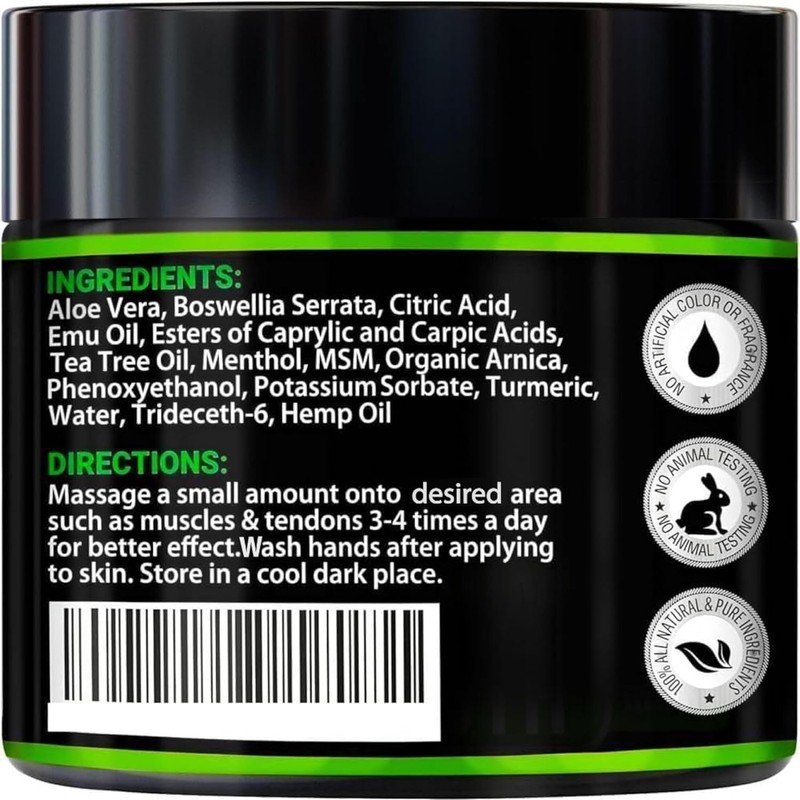Hemp Cream Maximum Strength with Glucosamine, Arnica, Turmeric - Non-Greasy