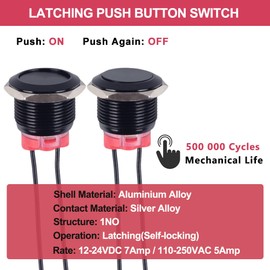 DMWD 2Pcs 19mm Metal Latching Push Button Switch Waterproof 7Amp 12V 24V 110V ON-Off 1NO Black Shell with Cable for 3/4" Mounting Hole (Self-Locking Without LED)
