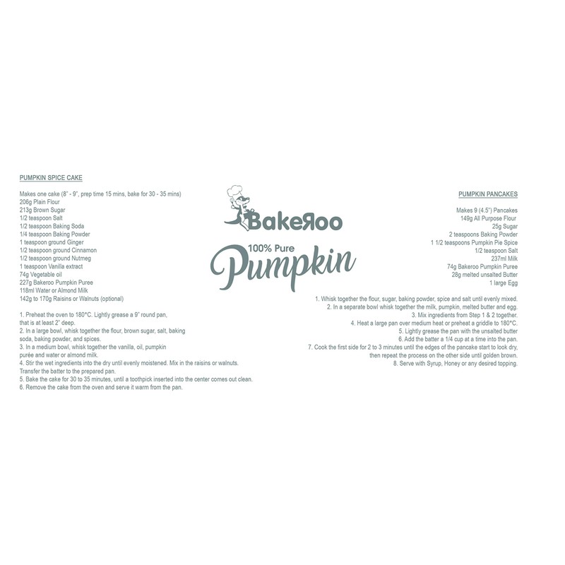 Bakeroo Tinned Pumpkin Puree (Pumpkin Pie Filling), 100% Natural -