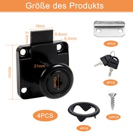 4 Sets Furniture Lock with Key, 22 mm Security Cabinet Lock, Black Stainless Steel Locker Lock, Screw-On Lock for Drawers and Cabinets