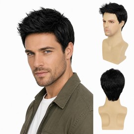 Black Wigs for Men Short Layered Synthetic Male Guy Wig for Cosplay Costume and Daily Wear