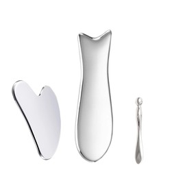 MOKIUER Stainless Steel Gua Sha Facial Tools 3 in 1 with Pouch,Facial Massage Tool Kit for Women’s Skincare Routine, Brighten and Sculpt Your Skin,Reduce Inflammation and Puffiness, Silver