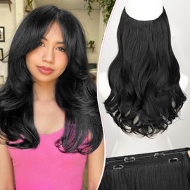 Invisible Wire Hair Extensions with Transparent Wire Adjustable Size 4 Secure Clips Long Wavy Secret Hairpiece 16 Inch for Women(Black)