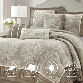 LANCO MODERN LIFESTYLE Beige Queen Comforter Set 7 Pieces, Jacquard Woven with Damask, Bedding Set in a Bag Includes Comforter, Bed Skirt, Pillow Shams, and Decorative Pillows