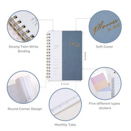 TSFPapier Undated Academic Year Weekly and Monthly Planner for 2024 and 2025, 6.1 x 8.2 inch Spiral Notebook with Tabs, Thick Paper, Twin-Wire Binding, Inner Pocket, Stickers Reef Blue